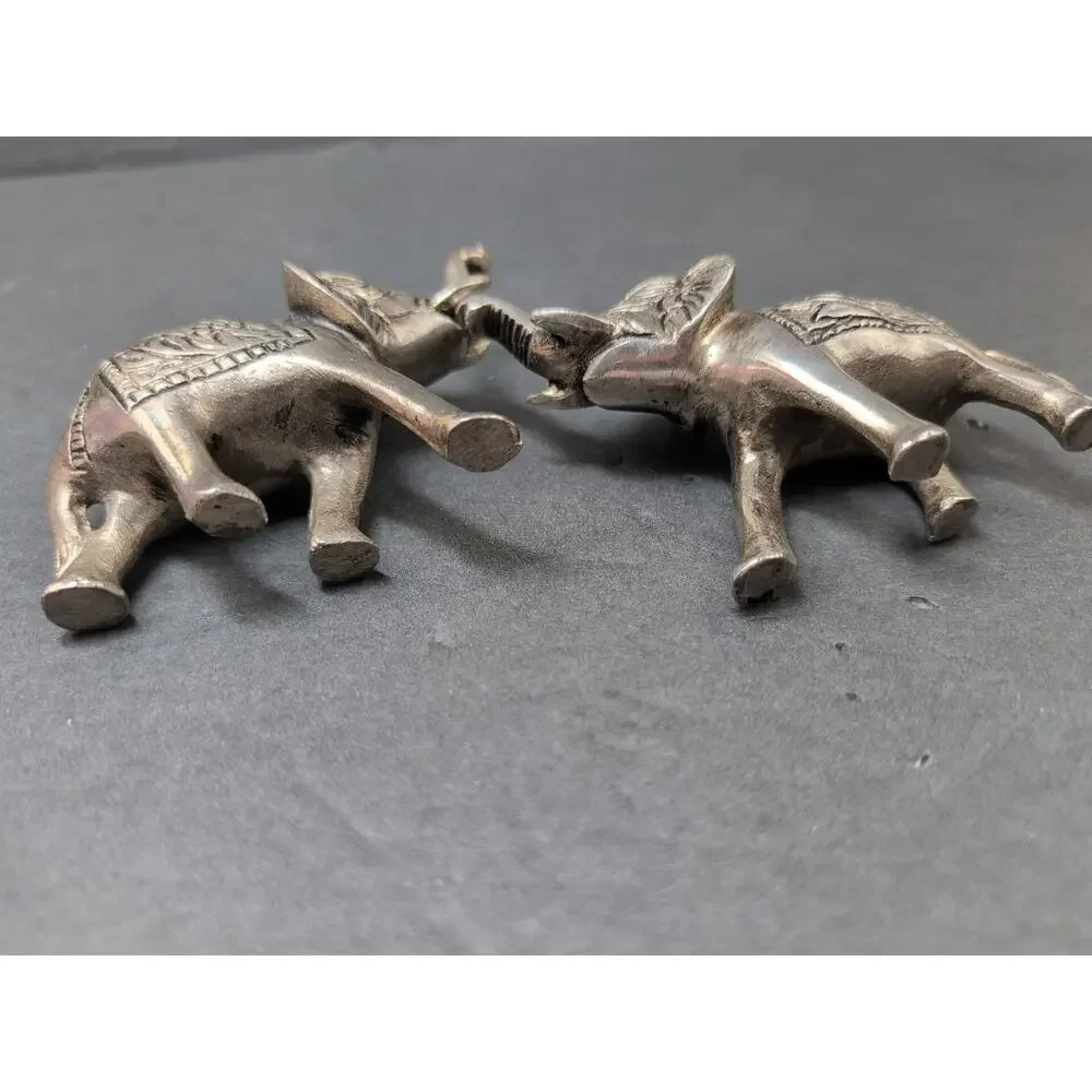 Lot Of 2 India Metal Elephants Hand Carved Collectible Trunks UpFigures 4
